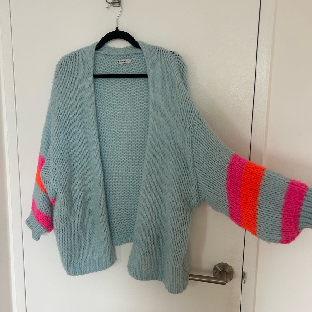 Light Blue Open-Front Women’s Sweater Cardigan with Pink & Orange Stripes